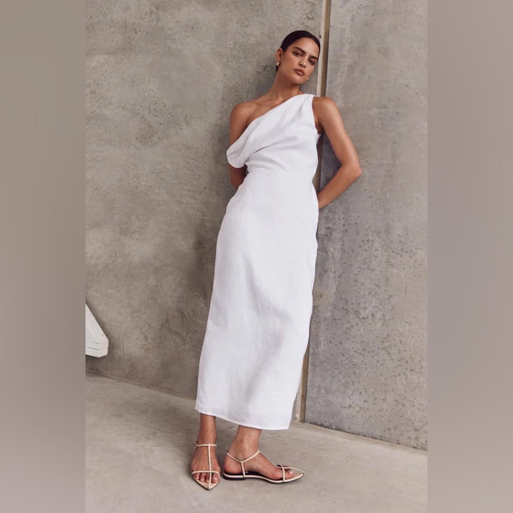 DISSH - Cass Linen White Asymmetric Shoulder MIDI Dress (NWT) - 12